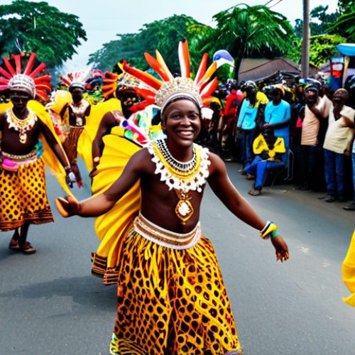 Home 11 **
"A vibrant street scene depicting the Calabar Carnival in Nigeria. People are fully clothed in colorful, traditional costumes with elaborate headdresses, participating in a joyous parade. The background features festive decorations and cheering crowds. Safe for work, appropriate content, fully clothed, family-friendly, perfect anatomy, natural proportions, high-quality photography, professional."
**
