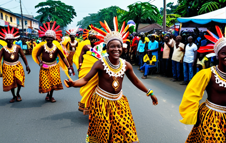 **

"A vibrant street scene depicting the Calabar Carnival in Nigeria. People are fully clothed in colorful, traditional costumes with elaborate headdresses, participating in a joyous parade. The background features festive decorations and cheering crowds. Safe for work, appropriate content, fully clothed, family-friendly, perfect anatomy, natural proportions, high-quality photography, professional."

**