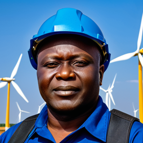 Home 6 **
A Nigerian engineer in a fully clothed professional uniform, standing proudly in front of a wind farm in northern Nigeria. The wind turbines are generating clean energy under a clear blue sky. The scene emphasizes sustainable technology and progress. Safe for work, appropriate content, perfect anatomy, natural proportions, professional, family-friendly.
**