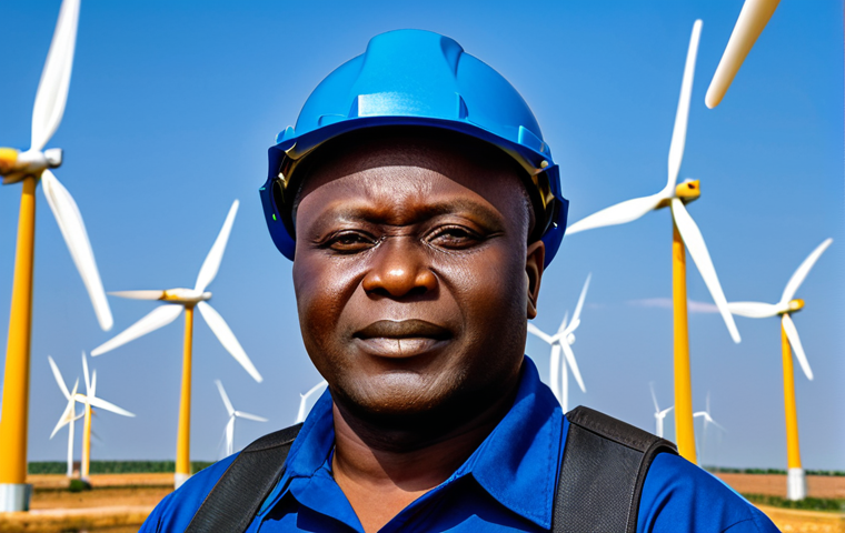 **

A Nigerian engineer in a fully clothed professional uniform, standing proudly in front of a wind farm in northern Nigeria. The wind turbines are generating clean energy under a clear blue sky. The scene emphasizes sustainable technology and progress. Safe for work, appropriate content, perfect anatomy, natural proportions, professional, family-friendly.

**