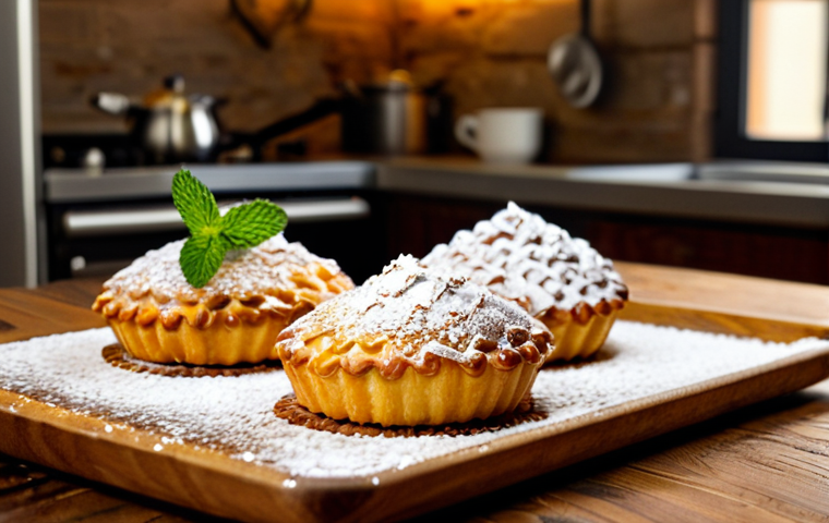 Coconut Pastry Delight**

"A beautifully arranged display of golden-brown coconut pastries on a wooden table, fully clothed, appropriate content, safe for work. The pastries are dusted with powdered sugar and garnished with a sprig of mint. Background features a cozy kitchen scene with warm lighting, perfect anatomy, natural proportions, professional food photography, high quality, modest, family-friendly."

**